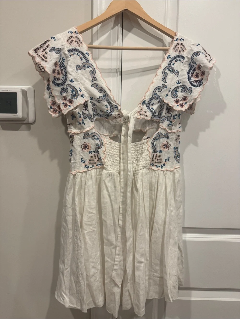 Free People White Mini Dress with Blue and Pink Paisley Embroidery